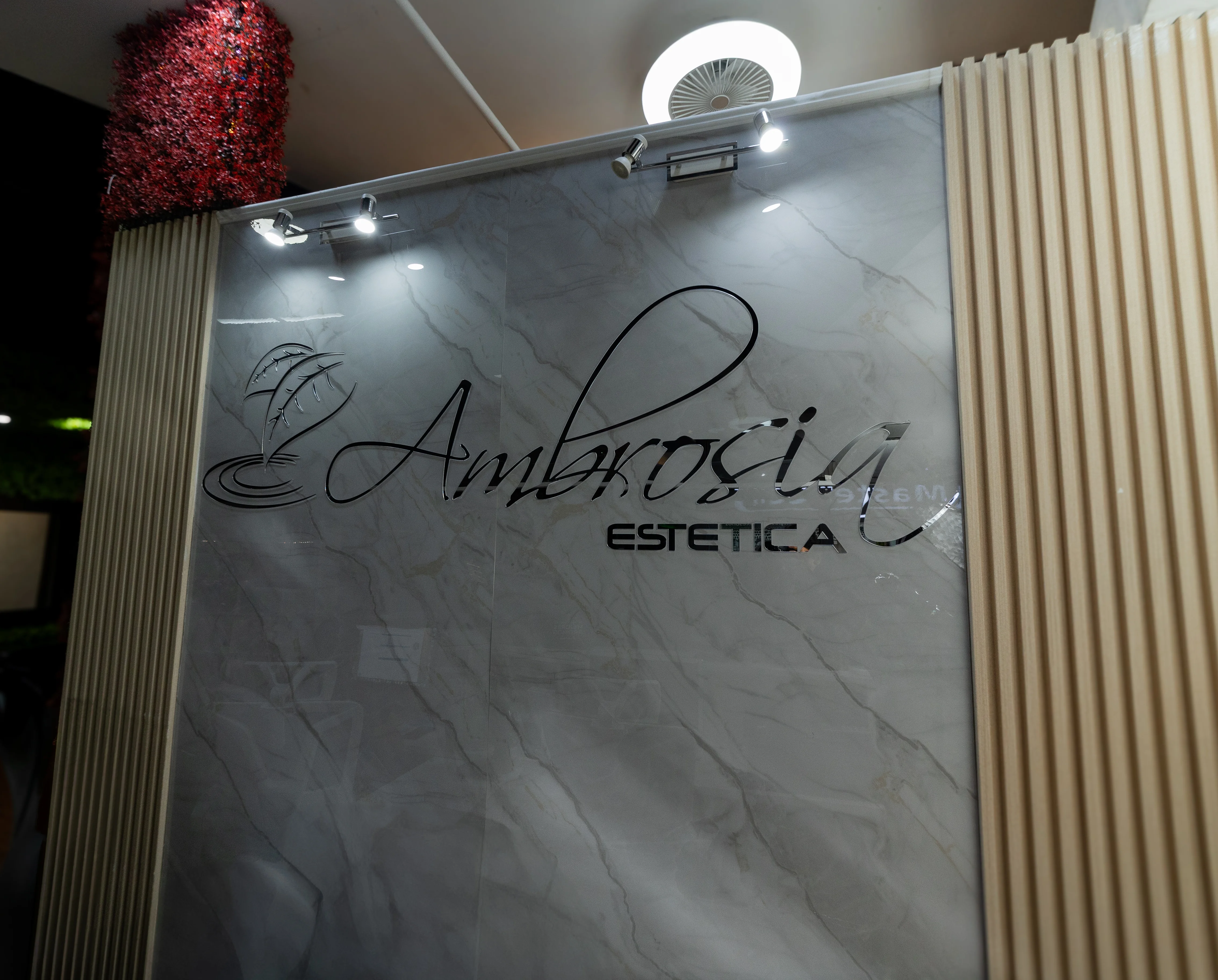 Entrada principal de Ambrosía en Mall San Pedro, mostrando el diseño de interiores sofisticado y la calidez del centro de bienestar.